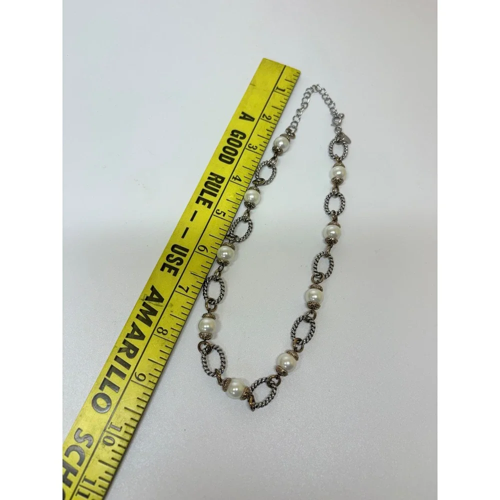 Premier Designs Mixed Metal Faux Pearl Rope Chain Link Necklace Two Tone